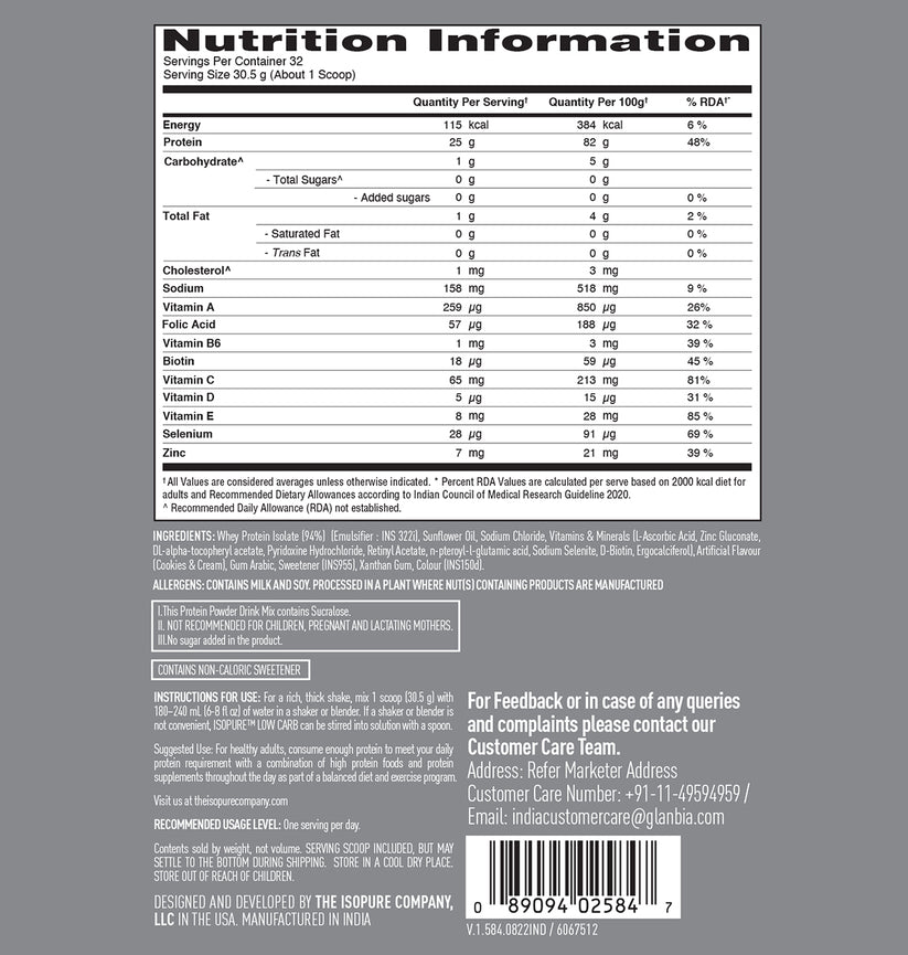 Isopure Whey Protein Isolate Powder with Vitamins for Immune Support