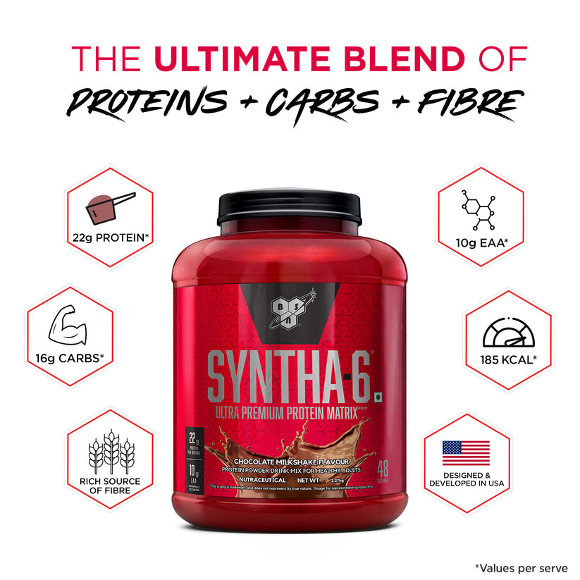 BSN Syntha 6 Protein Powder - 5 lbs, 2.27 kg (Chocolate Milkshake), Ultra Premium Protein Matrix (Whey Protein, Micellar Casein), for Muscle Recovery.
