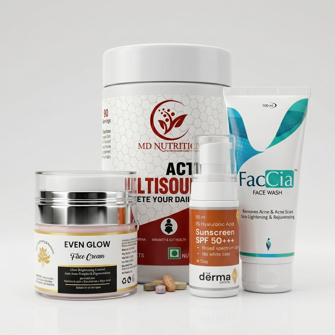 Skin Care Combo (Active Multi Source + Even Glow + Faccia Face Wash + Sunscreen)